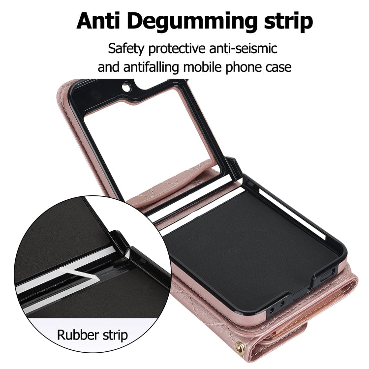 For Samsung Galaxy Z Flip5 Rhombic Texture Card Bag PU Phone Case with Long Lanyard(Rose Gold) - Galaxy Z Flip5 Cases by buy2fix | Online Shopping UK | buy2fix