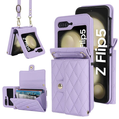 For Samsung Galaxy Z Flip5 Rhombic Texture Card Bag PU Phone Case with Long Lanyard(Purple) - Galaxy Z Flip5 Cases by buy2fix | Online Shopping UK | buy2fix