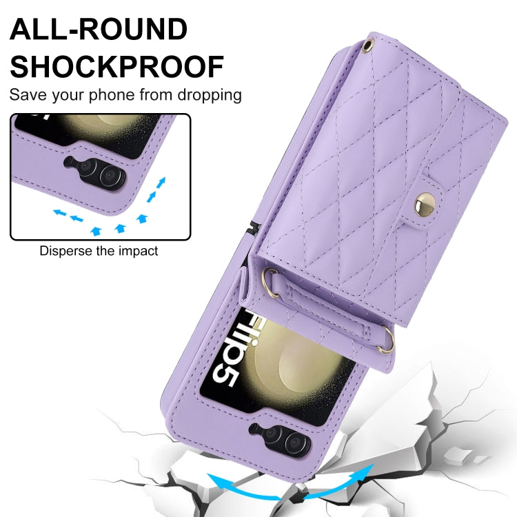 For Samsung Galaxy Z Flip5 Rhombic Texture Card Bag PU Phone Case with Long Lanyard(Purple) - Galaxy Z Flip5 Cases by buy2fix | Online Shopping UK | buy2fix