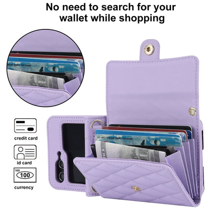 For Samsung Galaxy Z Flip5 Rhombic Texture Card Bag PU Phone Case with Long Lanyard(Purple) - Galaxy Z Flip5 Cases by buy2fix | Online Shopping UK | buy2fix