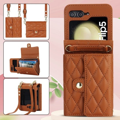 For Samsung Galaxy Z Flip5 Rhombic Texture Card Bag PU Phone Case with Long Lanyard(Brown) - Galaxy Z Flip5 Cases by buy2fix | Online Shopping UK | buy2fix