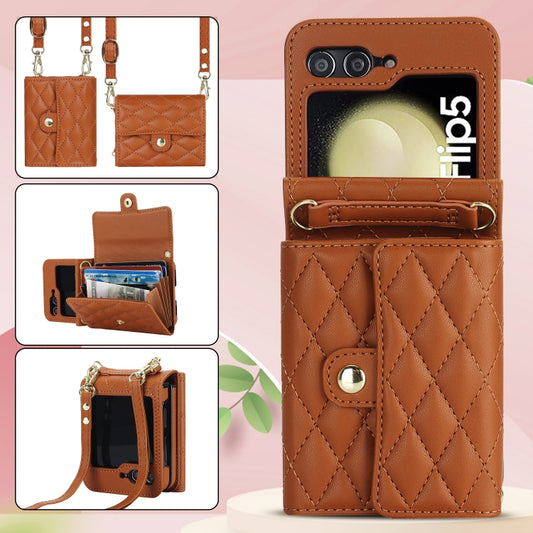For Samsung Galaxy Z Flip5 Rhombic Texture Card Bag PU Phone Case with Long Lanyard(Brown) - Galaxy Z Flip5 Cases by buy2fix | Online Shopping UK | buy2fix