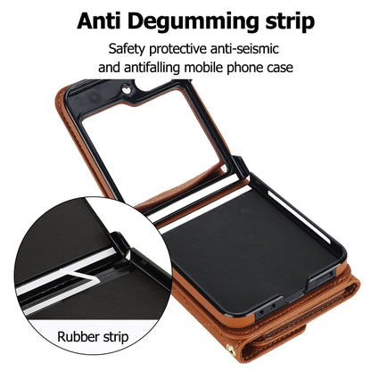 For Samsung Galaxy Z Flip5 Rhombic Texture Card Bag PU Phone Case with Long Lanyard(Brown) - Galaxy Z Flip5 Cases by buy2fix | Online Shopping UK | buy2fix