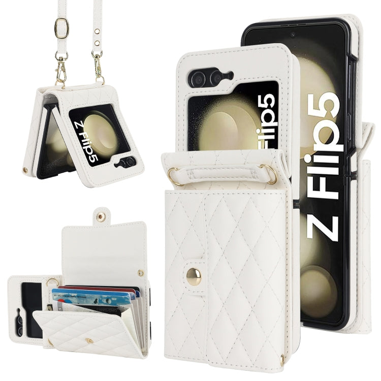 For Samsung Galaxy Z Flip5 Rhombic Texture Card Bag PU Phone Case with Long Lanyard(White) - Galaxy Z Flip5 Cases by buy2fix | Online Shopping UK | buy2fix