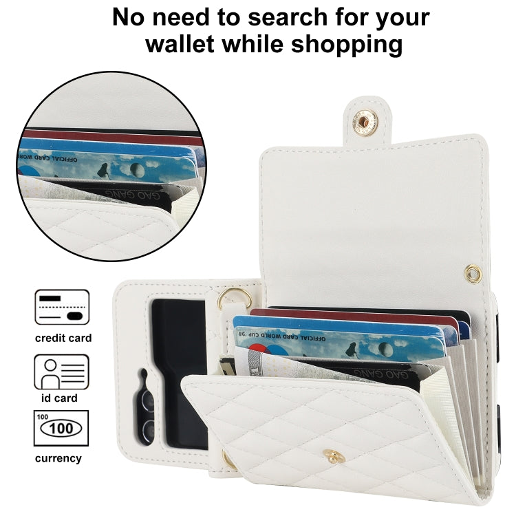 For Samsung Galaxy Z Flip5 Rhombic Texture Card Bag PU Phone Case with Long Lanyard(White) - Galaxy Z Flip5 Cases by buy2fix | Online Shopping UK | buy2fix