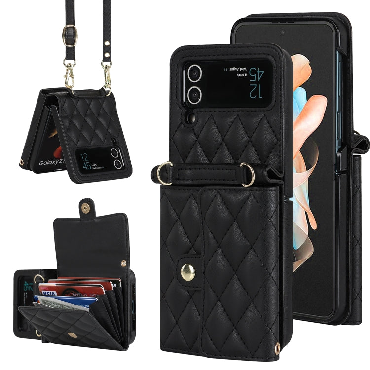 For Samsung Galaxy Z Flip4 Rhombic Texture Card Bag PU Phone Case with Long Lanyard(Black) - Galaxy Z Flip4 5G Cases by buy2fix | Online Shopping UK | buy2fix