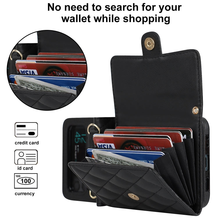 For Samsung Galaxy Z Flip4 Rhombic Texture Card Bag PU Phone Case with Long Lanyard(Black) - Galaxy Z Flip4 5G Cases by buy2fix | Online Shopping UK | buy2fix