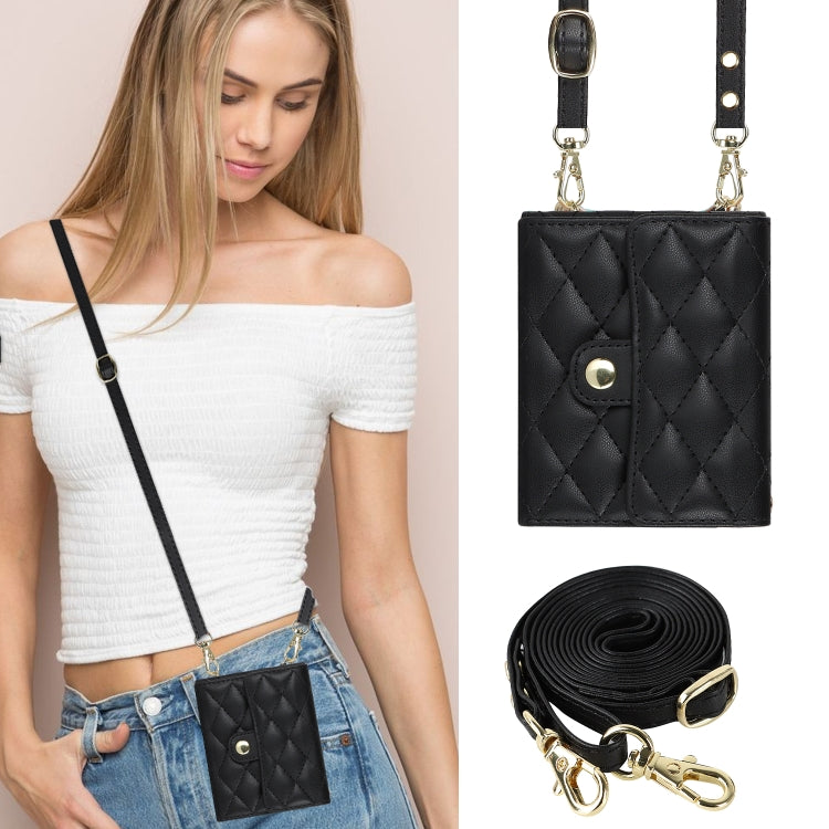 For Samsung Galaxy Z Flip4 Rhombic Texture Card Bag PU Phone Case with Long Lanyard(Black) - Galaxy Z Flip4 5G Cases by buy2fix | Online Shopping UK | buy2fix