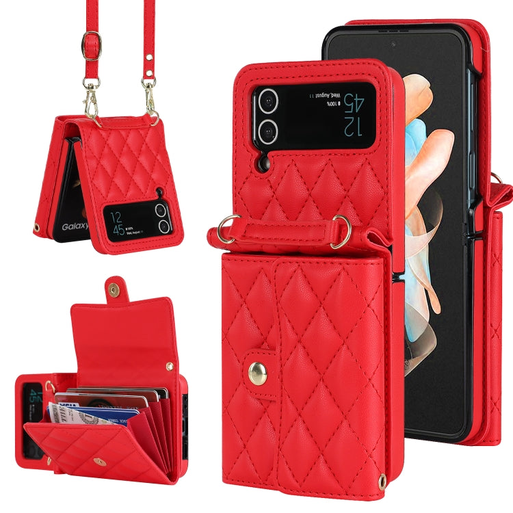 For Samsung Galaxy Z Flip4 Rhombic Texture Card Bag PU Phone Case with Long Lanyard(Red) - Galaxy Z Flip4 5G Cases by buy2fix | Online Shopping UK | buy2fix
