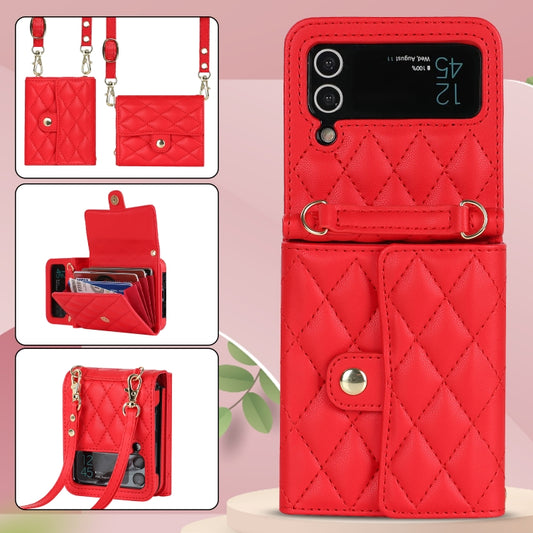 For Samsung Galaxy Z Flip4 Rhombic Texture Card Bag PU Phone Case with Long Lanyard(Red) - Galaxy Z Flip4 5G Cases by buy2fix | Online Shopping UK | buy2fix