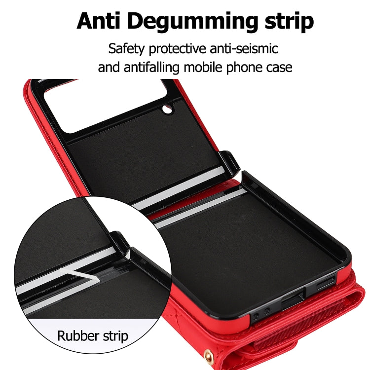 For Samsung Galaxy Z Flip4 Rhombic Texture Card Bag PU Phone Case with Long Lanyard(Red) - Galaxy Z Flip4 5G Cases by buy2fix | Online Shopping UK | buy2fix