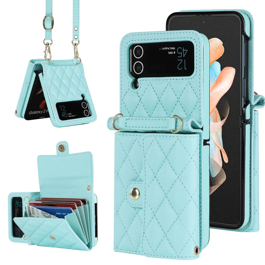 For Samsung Galaxy Z Flip4 Rhombic Texture Card Bag PU Phone Case with Long Lanyard(Mint Green) - Galaxy Z Flip4 5G Cases by buy2fix | Online Shopping UK | buy2fix