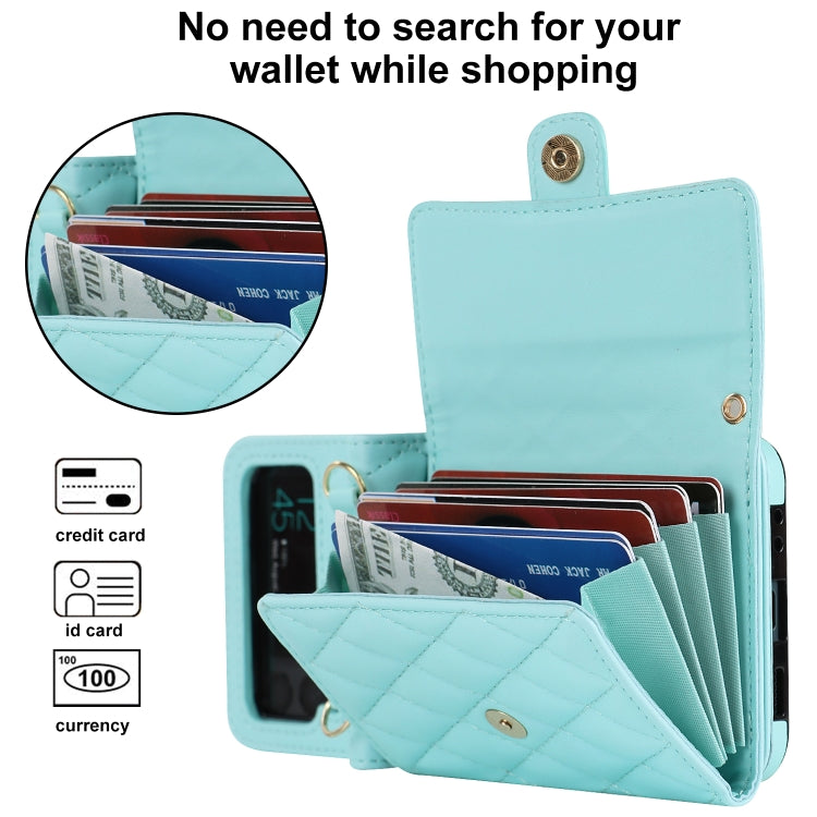 For Samsung Galaxy Z Flip4 Rhombic Texture Card Bag PU Phone Case with Long Lanyard(Mint Green) - Galaxy Z Flip4 5G Cases by buy2fix | Online Shopping UK | buy2fix