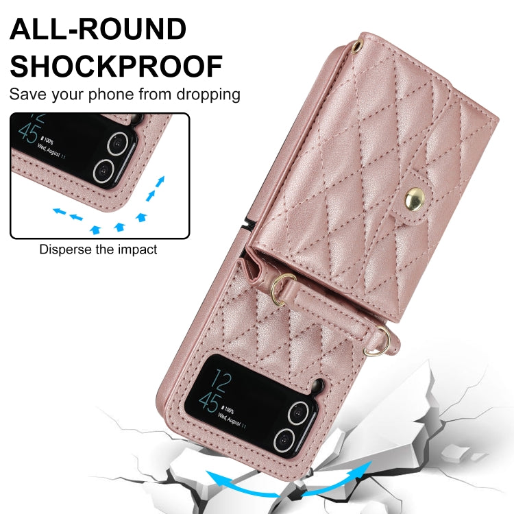 For Samsung Galaxy Z Flip4 Rhombic Texture Card Bag PU Phone Case with Long Lanyard(Rose Gold) - Galaxy Z Flip4 5G Cases by buy2fix | Online Shopping UK | buy2fix