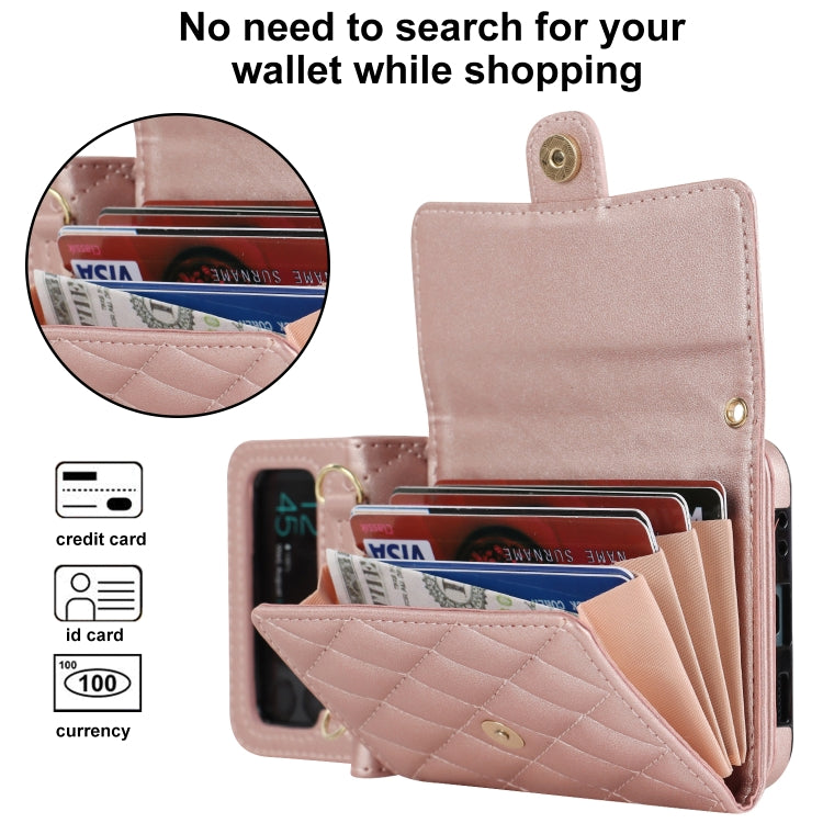 For Samsung Galaxy Z Flip4 Rhombic Texture Card Bag PU Phone Case with Long Lanyard(Rose Gold) - Galaxy Z Flip4 5G Cases by buy2fix | Online Shopping UK | buy2fix