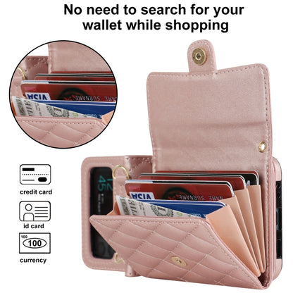 For Samsung Galaxy Z Flip4 Rhombic Texture Card Bag PU Phone Case with Long Lanyard(Rose Gold) - Galaxy Z Flip4 5G Cases by buy2fix | Online Shopping UK | buy2fix
