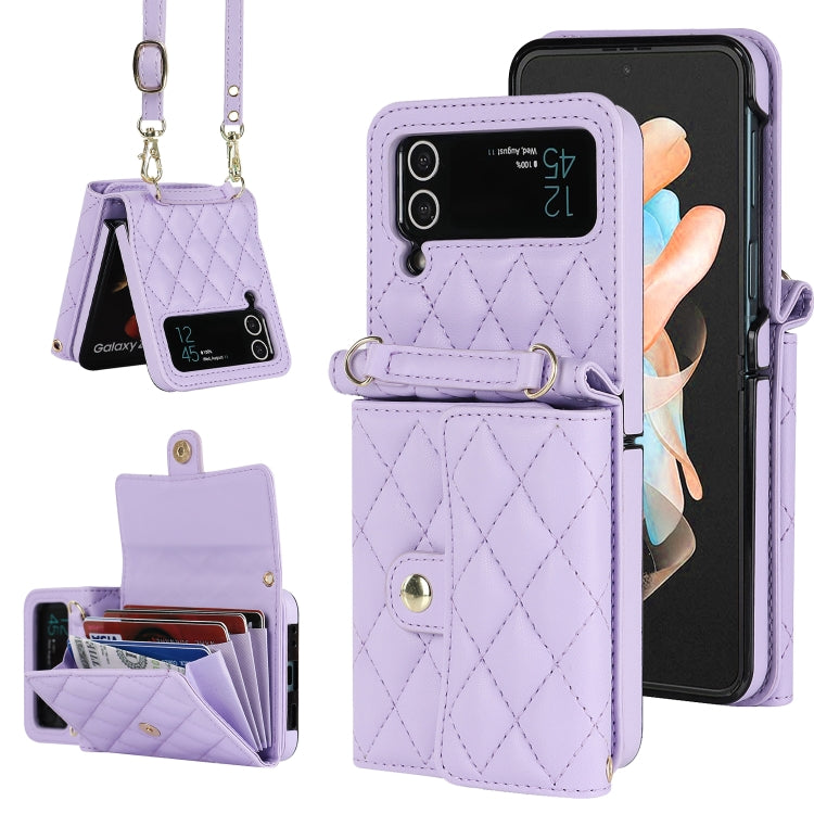 For Samsung Galaxy Z Flip4 Rhombic Texture Card Bag PU Phone Case with Long Lanyard(Purple) - Galaxy Z Flip4 5G Cases by buy2fix | Online Shopping UK | buy2fix