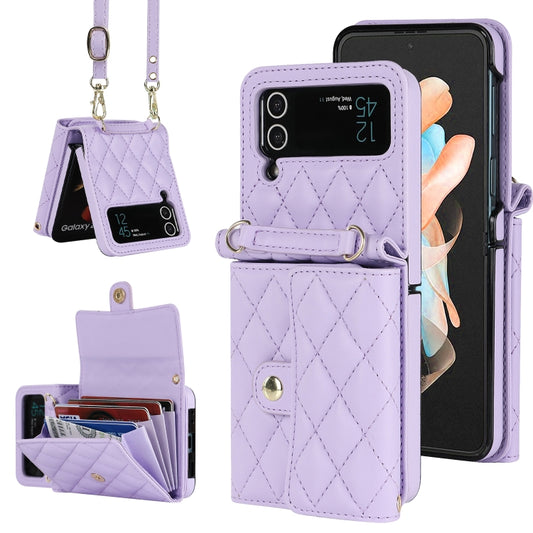 For Samsung Galaxy Z Flip4 Rhombic Texture Card Bag PU Phone Case with Long Lanyard(Purple) - Galaxy Z Flip4 5G Cases by buy2fix | Online Shopping UK | buy2fix
