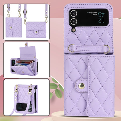 For Samsung Galaxy Z Flip4 Rhombic Texture Card Bag PU Phone Case with Long Lanyard(Purple) - Galaxy Z Flip4 5G Cases by buy2fix | Online Shopping UK | buy2fix