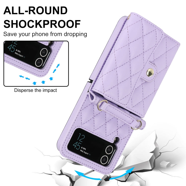 For Samsung Galaxy Z Flip4 Rhombic Texture Card Bag PU Phone Case with Long Lanyard(Purple) - Galaxy Z Flip4 5G Cases by buy2fix | Online Shopping UK | buy2fix