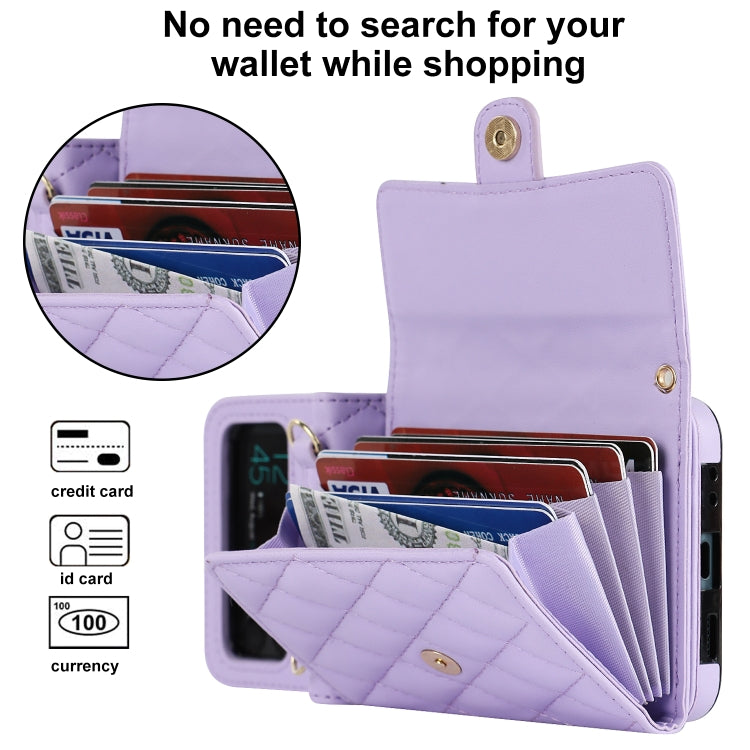 For Samsung Galaxy Z Flip4 Rhombic Texture Card Bag PU Phone Case with Long Lanyard(Purple) - Galaxy Z Flip4 5G Cases by buy2fix | Online Shopping UK | buy2fix