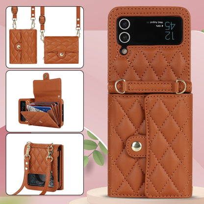 For Samsung Galaxy Z Flip4 Rhombic Texture Card Bag PU Phone Case with Long Lanyard(Brown) - Galaxy Z Flip4 5G Cases by buy2fix | Online Shopping UK | buy2fix
