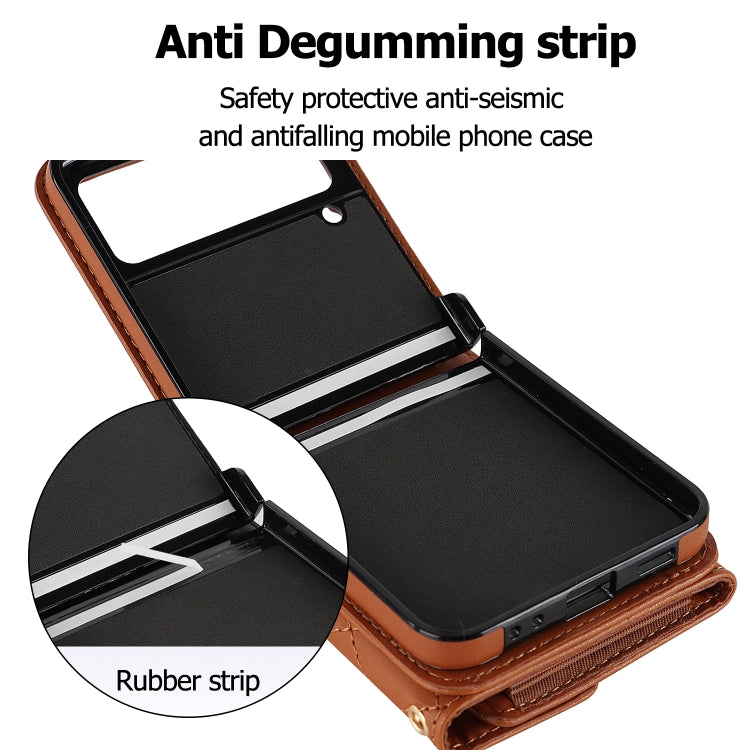 For Samsung Galaxy Z Flip4 Rhombic Texture Card Bag PU Phone Case with Long Lanyard(Brown) - Galaxy Z Flip4 5G Cases by buy2fix | Online Shopping UK | buy2fix