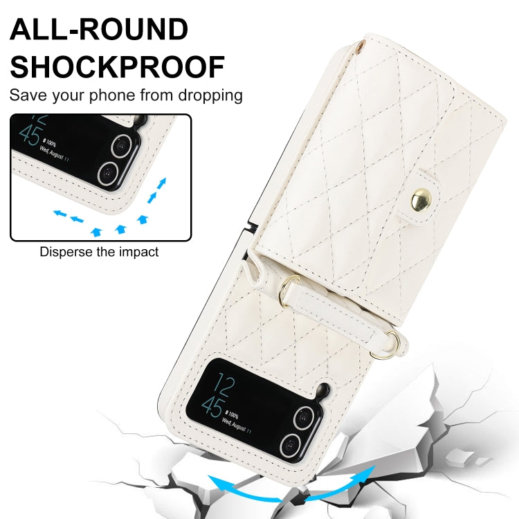 For Samsung Galaxy Z Flip4 Rhombic Texture Card Bag PU Phone Case with Long Lanyard(White) - Galaxy Z Flip4 5G Cases by buy2fix | Online Shopping UK | buy2fix