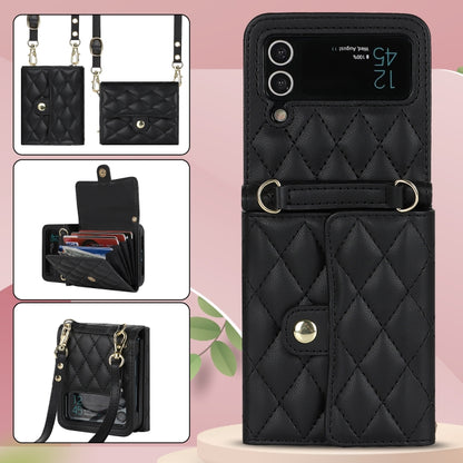 For Samsung Galaxy Z Flip3 Rhombic Texture Card Bag PU Phone Case with Long Lanyard(Black) - Galaxy Phone Cases by buy2fix | Online Shopping UK | buy2fix