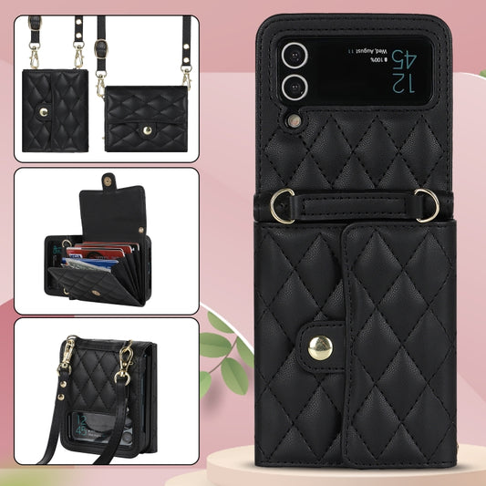 For Samsung Galaxy Z Flip3 Rhombic Texture Card Bag PU Phone Case with Long Lanyard(Black) - Galaxy Phone Cases by buy2fix | Online Shopping UK | buy2fix