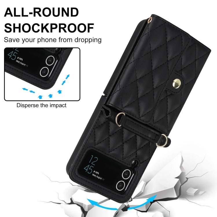 For Samsung Galaxy Z Flip3 Rhombic Texture Card Bag PU Phone Case with Long Lanyard(Black) - Galaxy Phone Cases by buy2fix | Online Shopping UK | buy2fix
