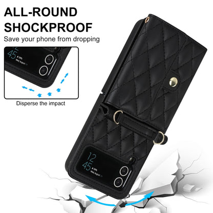 For Samsung Galaxy Z Flip3 Rhombic Texture Card Bag PU Phone Case with Long Lanyard(Black) - Galaxy Phone Cases by buy2fix | Online Shopping UK | buy2fix