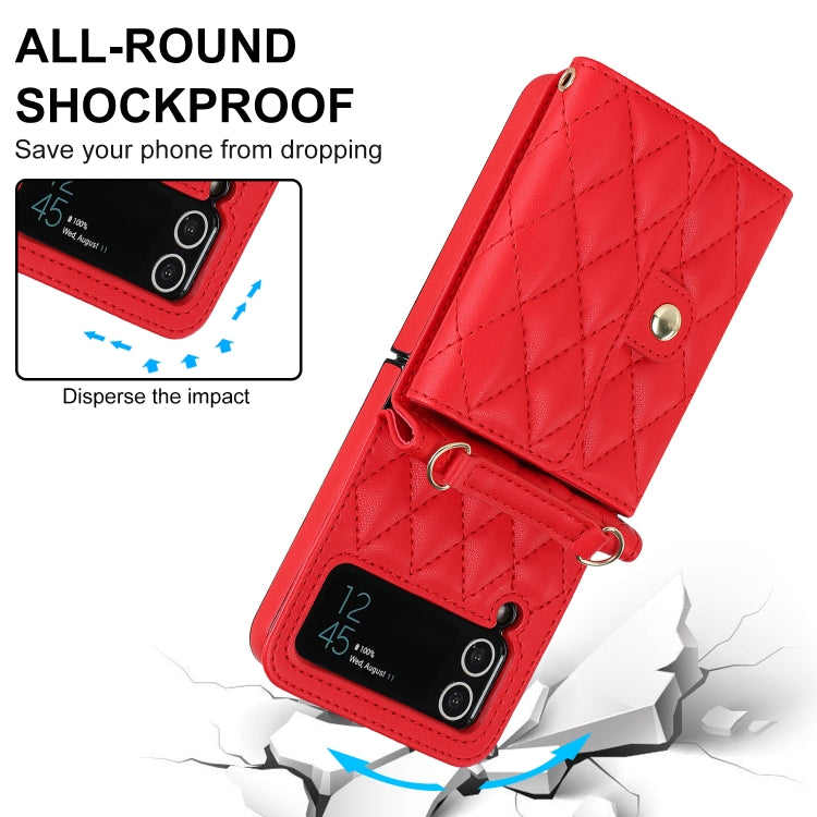 For Samsung Galaxy Z Flip3 Rhombic Texture Card Bag PU Phone Case with Long Lanyard(Red) - Galaxy Phone Cases by buy2fix | Online Shopping UK | buy2fix