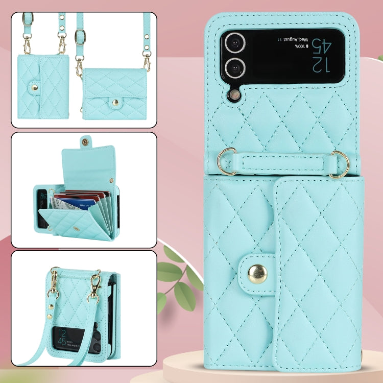For Samsung Galaxy Z Flip3 Rhombic Texture Card Bag PU Phone Case with Long Lanyard(Mint Green) - Galaxy Phone Cases by buy2fix | Online Shopping UK | buy2fix