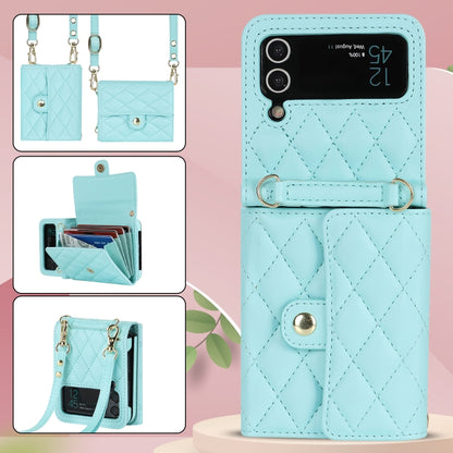 For Samsung Galaxy Z Flip3 Rhombic Texture Card Bag PU Phone Case with Long Lanyard(Mint Green) - Galaxy Phone Cases by buy2fix | Online Shopping UK | buy2fix