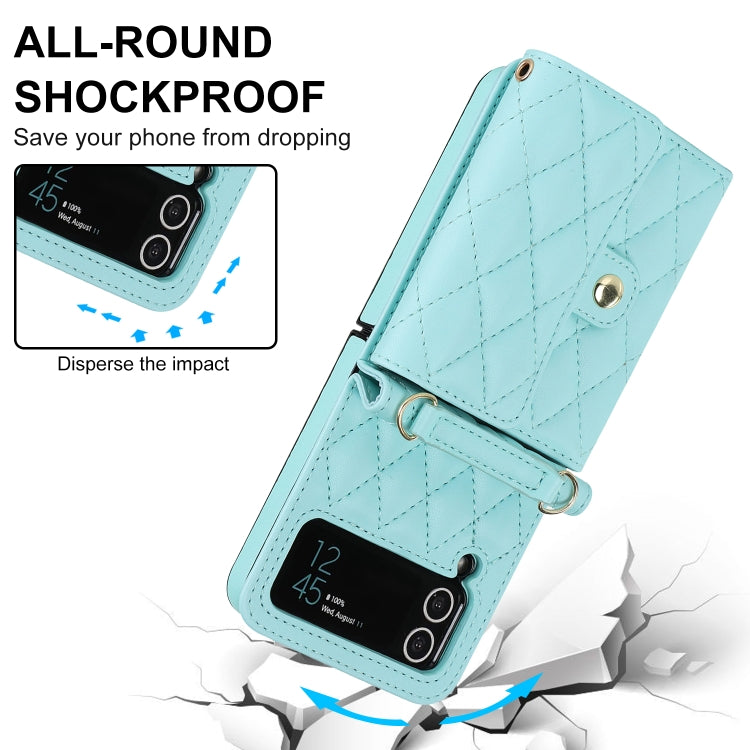 For Samsung Galaxy Z Flip3 Rhombic Texture Card Bag PU Phone Case with Long Lanyard(Mint Green) - Galaxy Phone Cases by buy2fix | Online Shopping UK | buy2fix