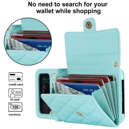 For Samsung Galaxy Z Flip3 Rhombic Texture Card Bag PU Phone Case with Long Lanyard(Mint Green) - Galaxy Phone Cases by buy2fix | Online Shopping UK | buy2fix