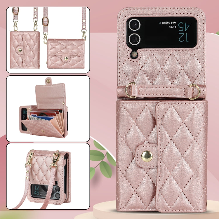 For Samsung Galaxy Z Flip3 Rhombic Texture Card Bag PU Phone Case with Long Lanyard(Rose Gold) - Galaxy Phone Cases by buy2fix | Online Shopping UK | buy2fix