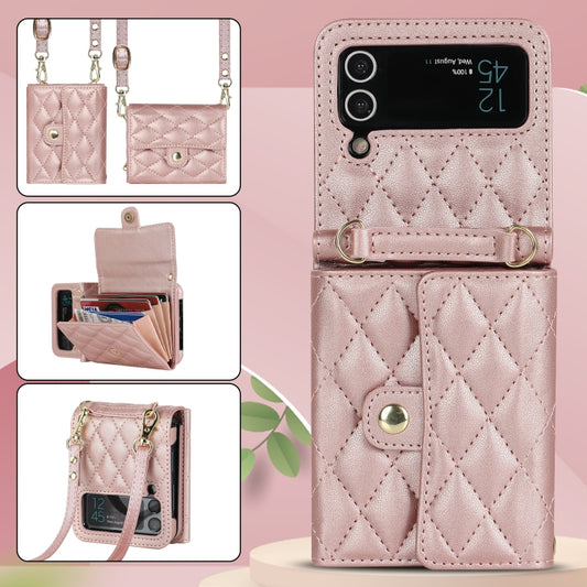 For Samsung Galaxy Z Flip3 Rhombic Texture Card Bag PU Phone Case with Long Lanyard(Rose Gold) - Galaxy Phone Cases by buy2fix | Online Shopping UK | buy2fix