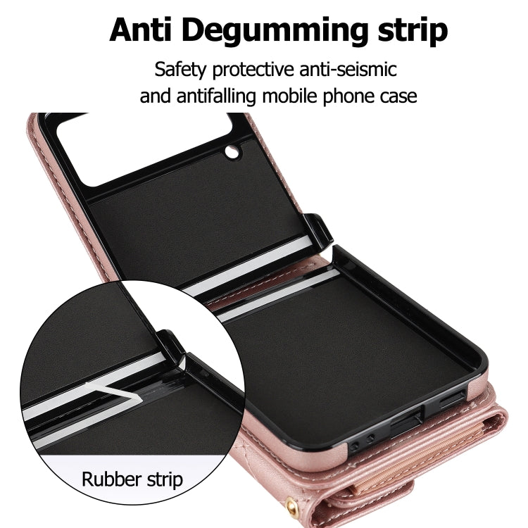 For Samsung Galaxy Z Flip3 Rhombic Texture Card Bag PU Phone Case with Long Lanyard(Rose Gold) - Galaxy Phone Cases by buy2fix | Online Shopping UK | buy2fix