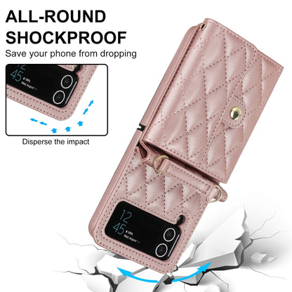 For Samsung Galaxy Z Flip3 Rhombic Texture Card Bag PU Phone Case with Long Lanyard(Rose Gold) - Galaxy Phone Cases by buy2fix | Online Shopping UK | buy2fix
