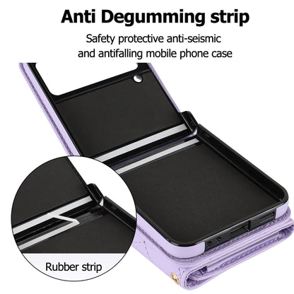 For Samsung Galaxy Z Flip3 Rhombic Texture Card Bag PU Phone Case with Long Lanyard(Purple) - Galaxy Phone Cases by buy2fix | Online Shopping UK | buy2fix