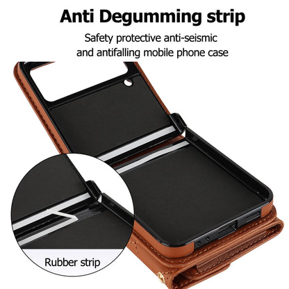 For Samsung Galaxy Z Flip3 Rhombic Texture Card Bag PU Phone Case with Long Lanyard(Brown) - Galaxy Phone Cases by buy2fix | Online Shopping UK | buy2fix