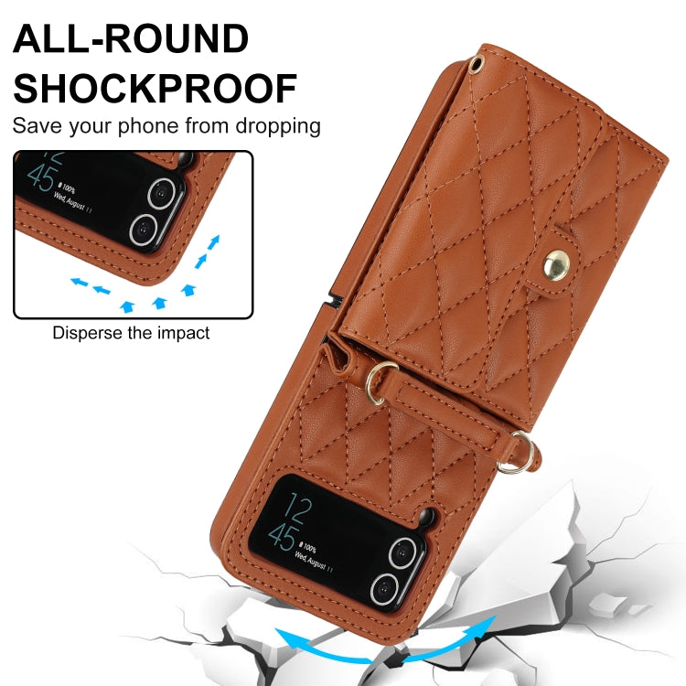 For Samsung Galaxy Z Flip3 Rhombic Texture Card Bag PU Phone Case with Long Lanyard(Brown) - Galaxy Phone Cases by buy2fix | Online Shopping UK | buy2fix