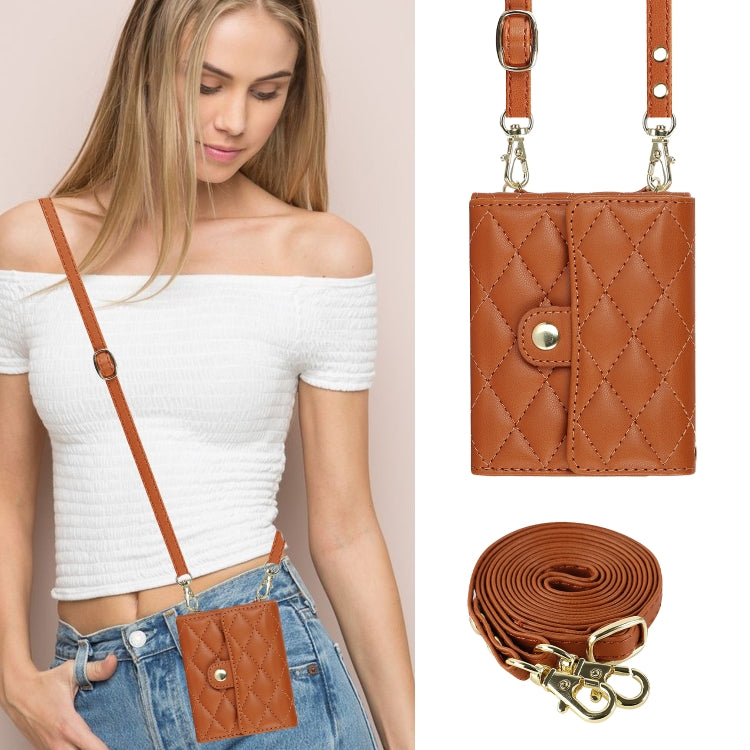 For Samsung Galaxy Z Flip3 Rhombic Texture Card Bag PU Phone Case with Long Lanyard(Brown) - Galaxy Phone Cases by buy2fix | Online Shopping UK | buy2fix