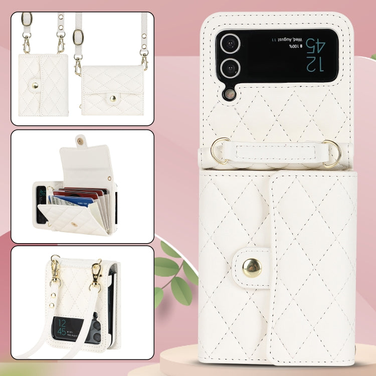 For Samsung Galaxy Z Flip3 Rhombic Texture Card Bag PU Phone Case with Long Lanyard(White) - Galaxy Phone Cases by buy2fix | Online Shopping UK | buy2fix