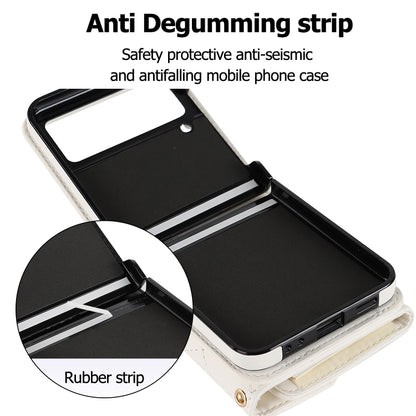 For Samsung Galaxy Z Flip3 Rhombic Texture Card Bag PU Phone Case with Long Lanyard(White) - Galaxy Phone Cases by buy2fix | Online Shopping UK | buy2fix