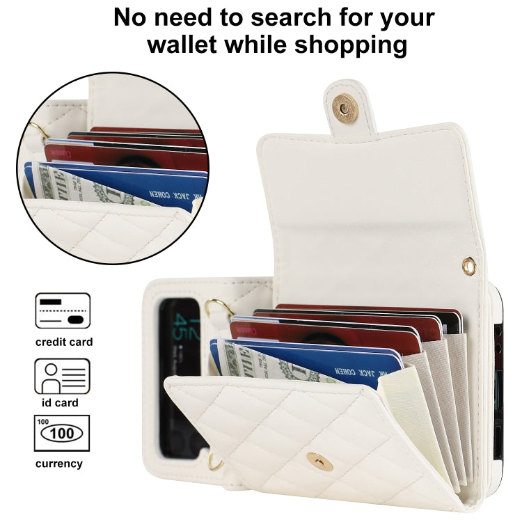 For Samsung Galaxy Z Flip3 Rhombic Texture Card Bag PU Phone Case with Long Lanyard(White) - Galaxy Phone Cases by buy2fix | Online Shopping UK | buy2fix