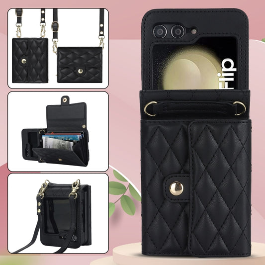 For Samsung Galaxy Z Flip6 Rhombic Texture Card Bag PU Phone Case with Long Lanyard(Black) - Galaxy Z Flip6 5G Cases by buy2fix | Online Shopping UK | buy2fix