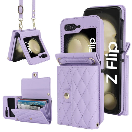 For Samsung Galaxy Z Flip7 FE / Flip6 Rhombic Texture Card Bag PU Phone Case with Long Lanyard(Purple)
